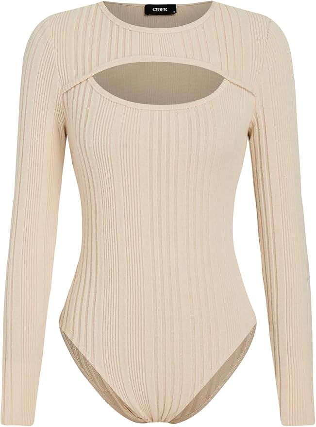 CIDER Women's Rib Solid Cut Out Bodycon Bodysuit | Amazon (US)