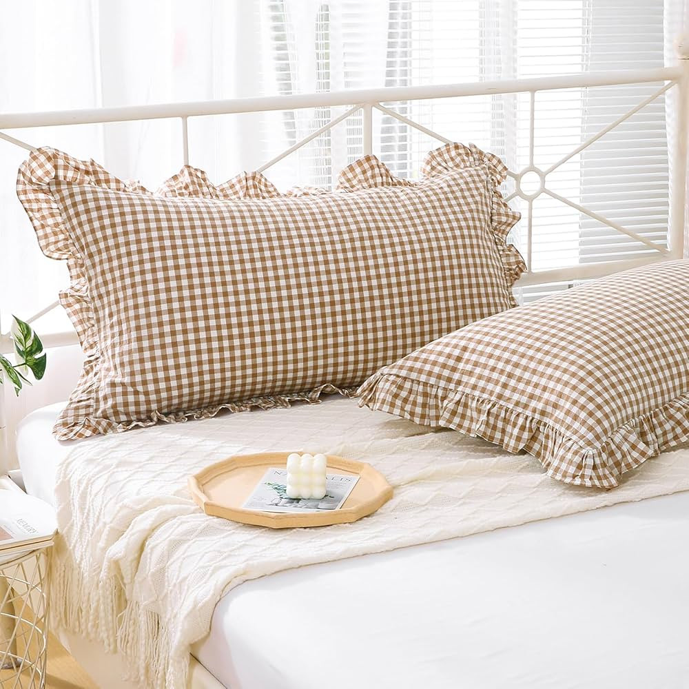 2 Pack Taupe White Plaid Gingham Ruffle Pillow Shams Standard Size 20x26 inches, 100% Washed Cott... | Amazon (US)