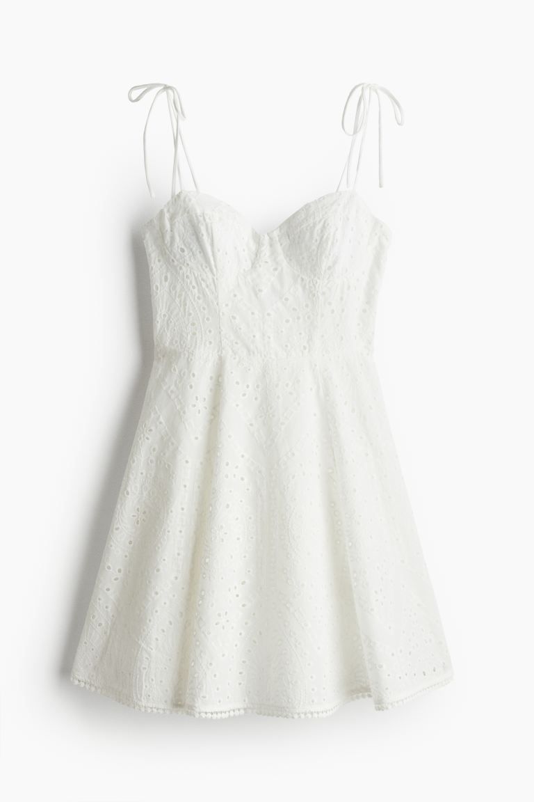 Eyelet embroidered Dress with Tie Shoulder Straps - White - Ladies | H&M US | H&M (US + CA)