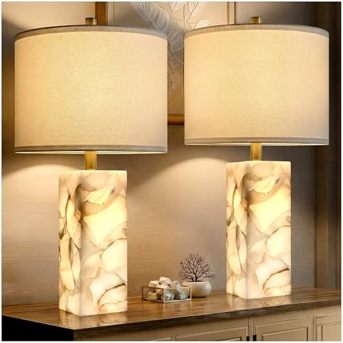 Scenekoy Alabaster Table Lamp Set of 2 with Night Light for Bedroom Living Room, 23" Rotary Switc... | Amazon (US)