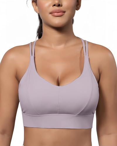 Grace Form Sports Bra for Women Strappy Medium Support Push Up Padded Sports Bra for Running Workout Bra Yoga Bra Purple Grey | Amazon (US)