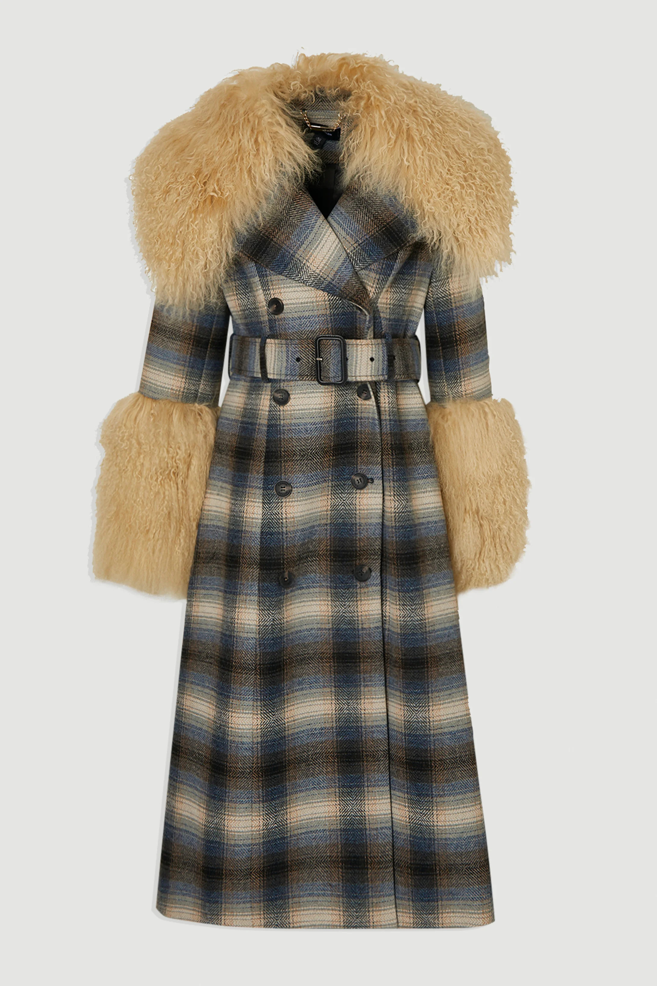 Wool & Shearling Check Tailored Double Breasted Belted Midi Coat | Karen Millen UK + IE + DE + NL