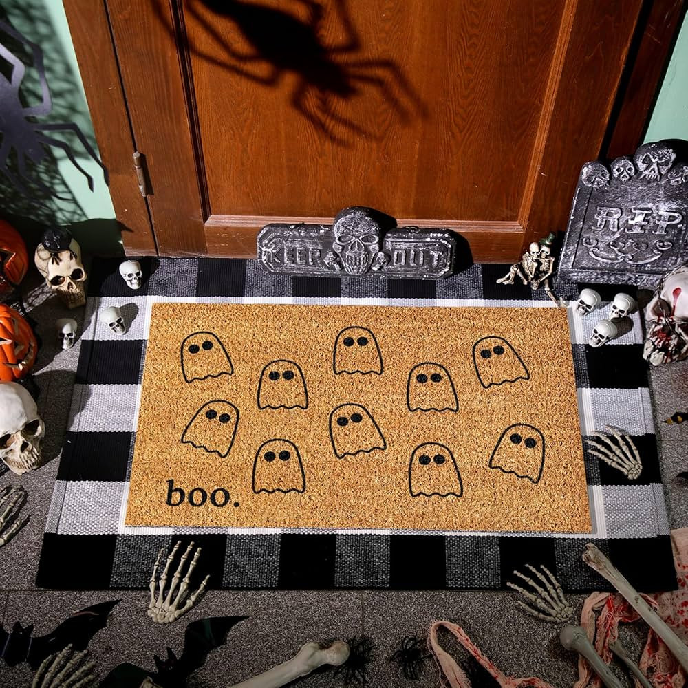 Duraaamo 2 Pcs Halloween Coir Doormat Boo Welcome Doormat with Buffalo Plaid Black and White Mat ... | Amazon (US)