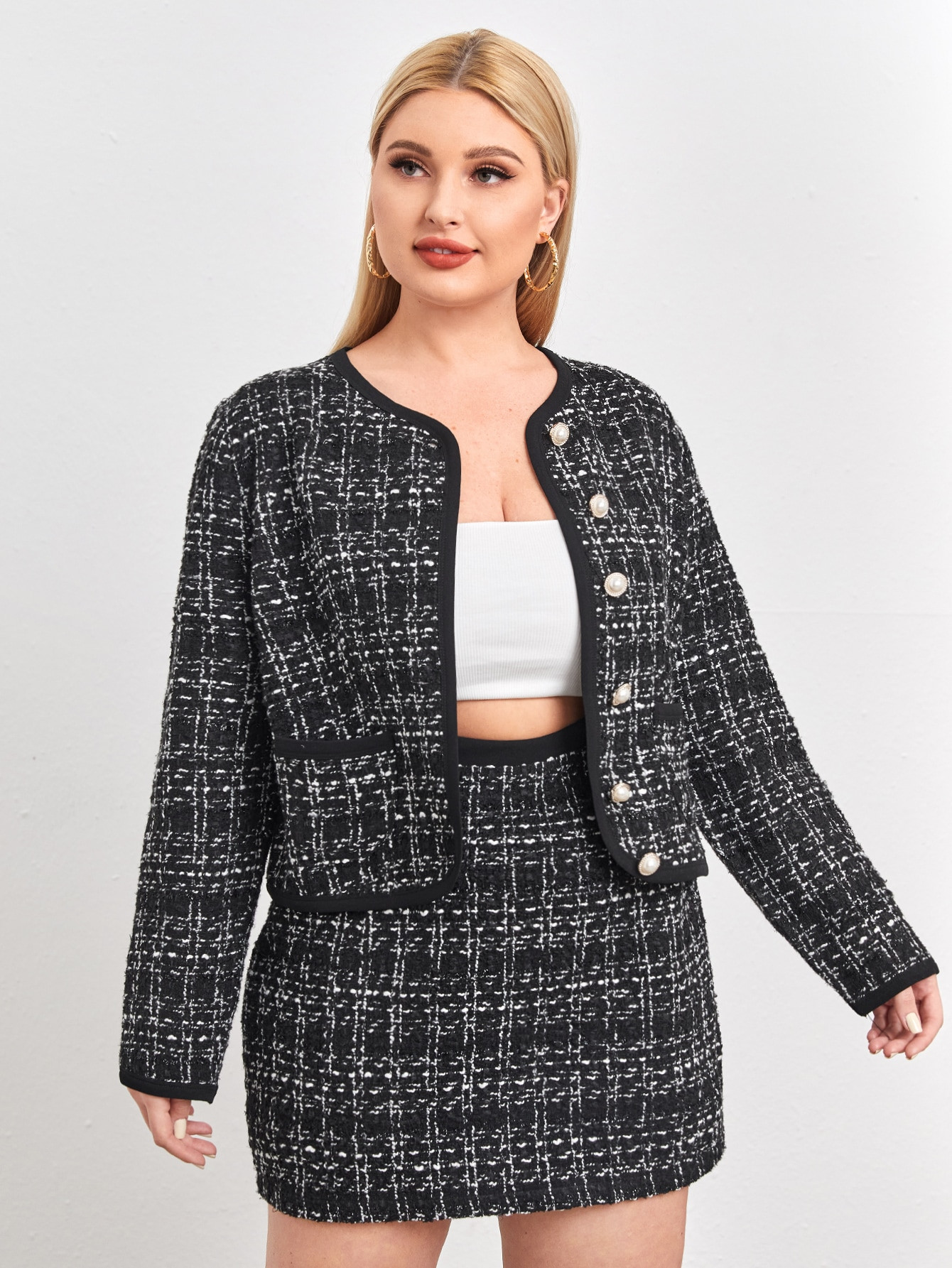 Plus Pearl Button Tweed Jacket & Skirt Set | SHEIN