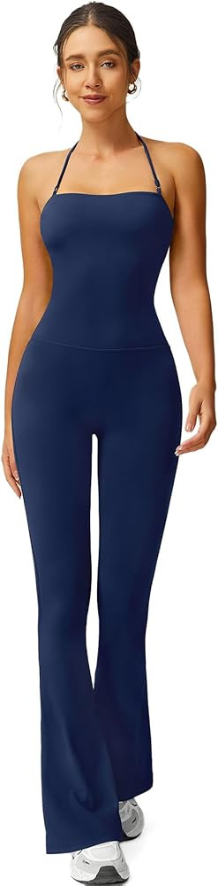 TimeOFF Women's Flare Leg Yoga Pants Jumpsuit, High Waisted Bootcut Workout Leggings with Halter ... | Amazon (US)