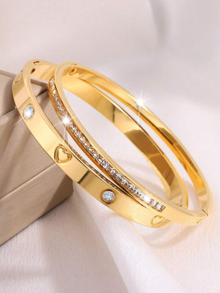 2 Pcs Of Light Luxury Exquisite Personality Design Stainless Steel Love Single Row Drill Bracelet... | SHEIN