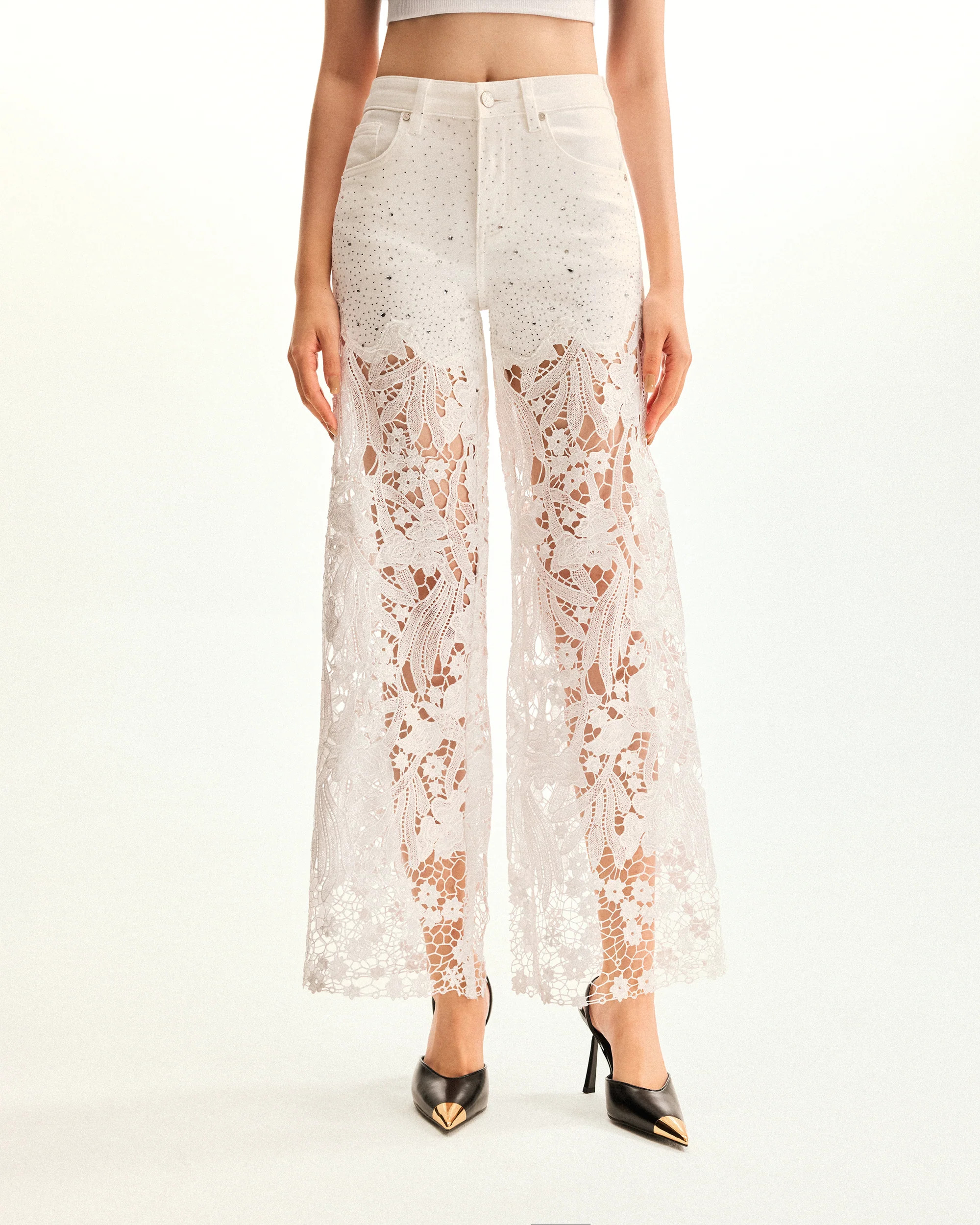 Embroidery High Rise Wide Leg Lace Denim Jeans With Rhinestone - White | JW PEI US