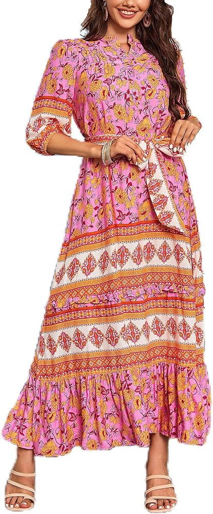 Women 3/4 Sleeves Front Buttons Floral Print Casual Bohemian Maxi Dresses | Amazon (US)
