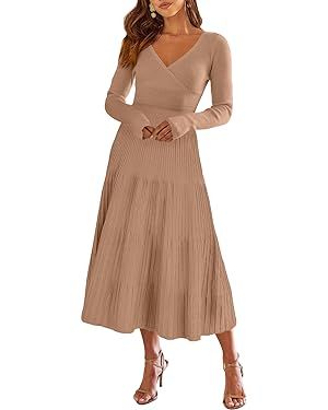 ANRABESS Women's Wrap Midi Sweater Dresses Long Sleeve V Neck Bodycon High Waist Ribbed Knit Plea... | Amazon (US)