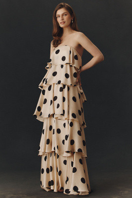 Mac Duggal Strapless Polka Dot Charmeuse Ruffle Gown | Anthropologie (US)