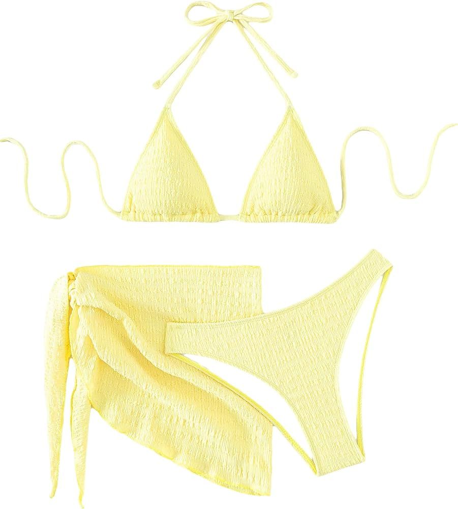 SHENHE Women's 3 Piece Textured High Cut Halter Triangle Bikini Swimsuit with Cover Up | Amazon (US)