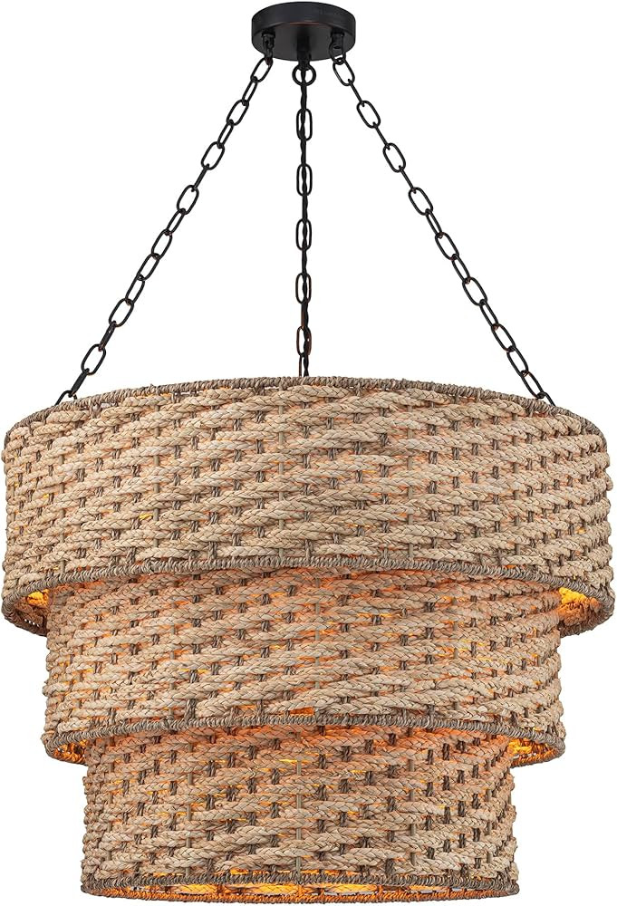 3-Tier Modern Coastal Rattan Chandelier Woven Rustic Chandeliers Farmhouse Hanging Light for Dini... | Amazon (US)