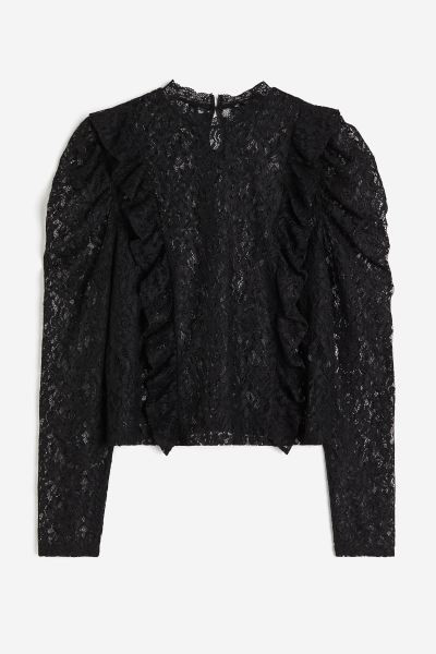 Ruffle-trimmed Puff-sleeved Lace Top | H&M (US + CA)