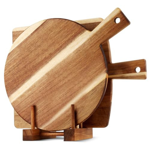 2 Pack Acacia Wood Cutting Board with Stand, Charcuterie Boards for Kitchen, Round & Rectangular Wooden Cutting Board Set for Cheese, Meat, Pizza, Vegetables, Bread(16 x 12 Inch) | Amazon (US)