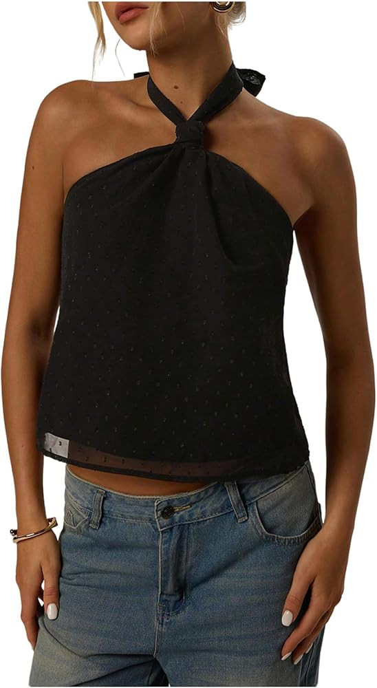 MAKEMECHIC Women's Tie Back Halter Tops Mesh Swiss Dots Knot Backless Sleeveless Tank | Amazon (US)