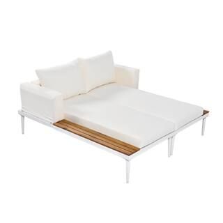 Anvil Metal Outdoor Day Bed with Beige Cushions 2-Piece Patio Chaise Lounges with Wood Side Space... | The Home Depot