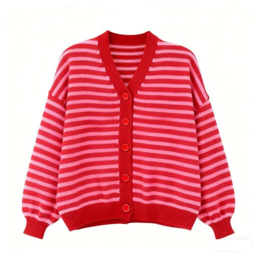 Redol Redol Knitted Cardigans for Women Mixed-Pattern Striped Knit Jumper Long Sleeve Women's Cardigan Sweater (US, Alpha, Medium, Regular, Regular, Red) | Amazon (US)