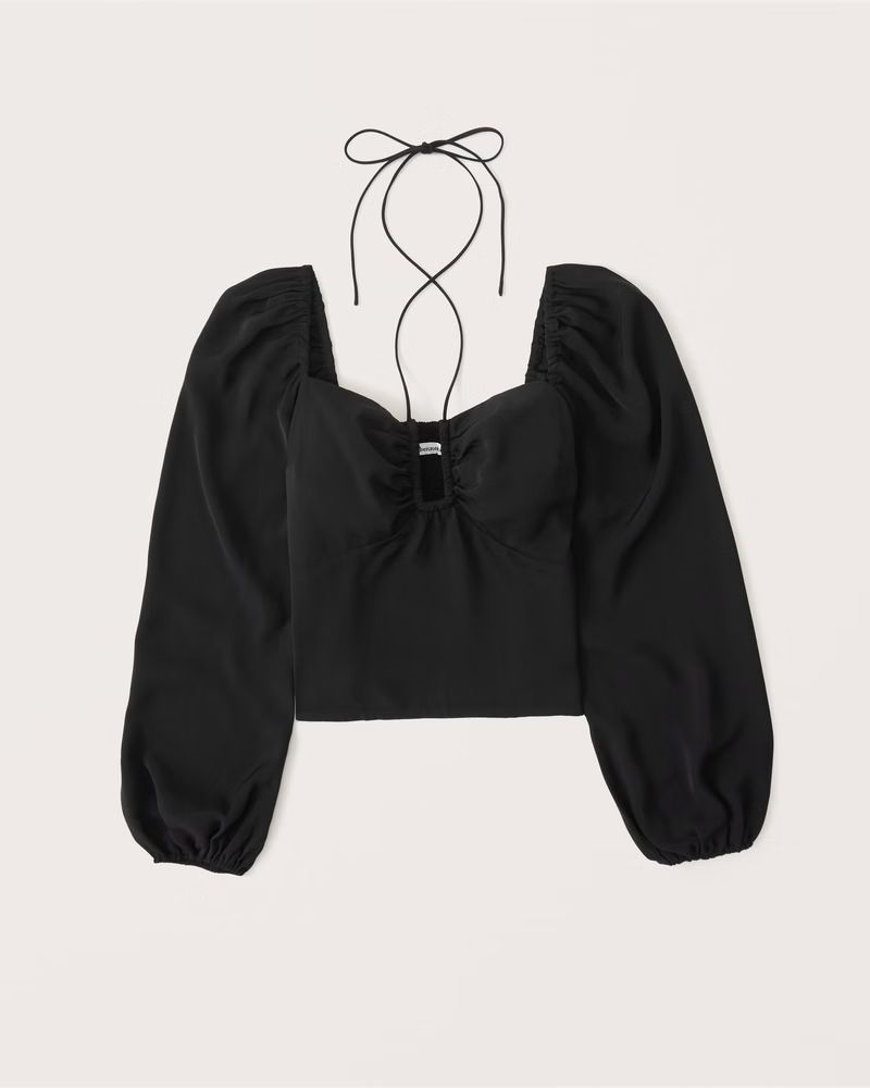 Long-Sleeve Faux Silk Cinched Top | Abercrombie & Fitch (US)