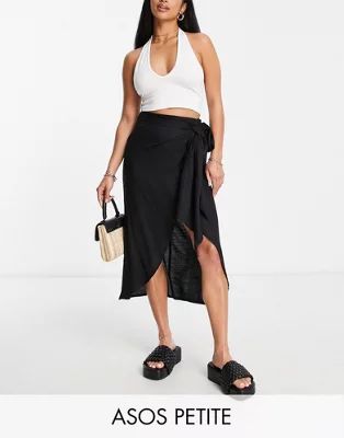 ASOS DESIGN Petite sarong wrap midi skirt in black | ASOS | ASOS (Global)