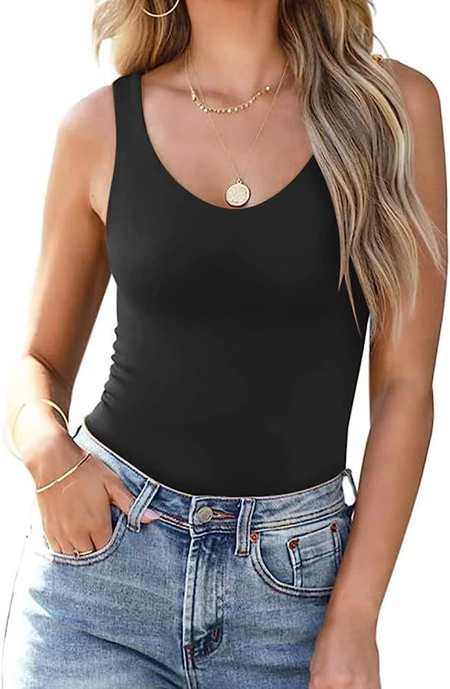 Nutssfiree Womens Tank Top Scoop Neck Double Layer Slim Fit Sleeveless Basic Tops | Amazon (US)