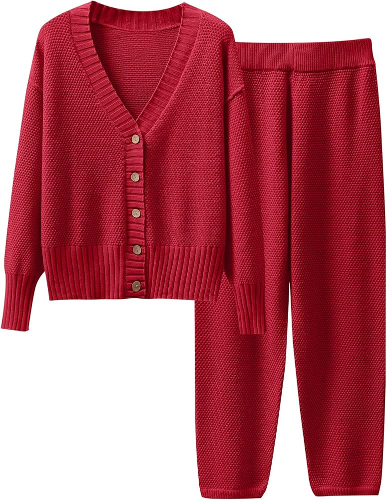 Caracilia Womens 2 Piece Outfits Lounge Set V Neck Cardigan Sweater Pants Sets Knit Matching Loun... | Amazon (US)