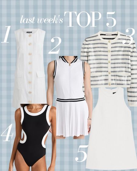 Last Week’s Top 5 best sellers! Two white shift dresses you need for this summer, a cute and easy tennis dress, a fun sequin lady jacket to pair with jeans and a retro one piece bathing suit that’s so flattering 

#LTKstyletip #LTKFind #LTKswim