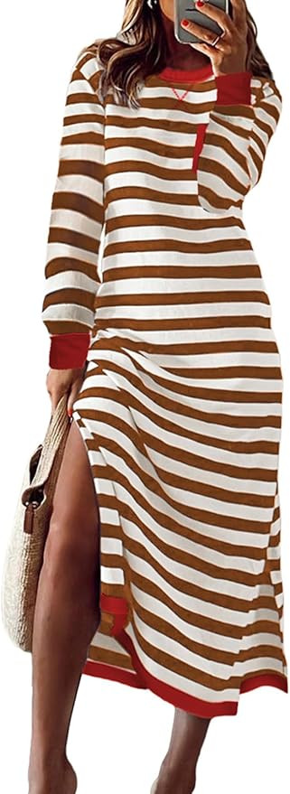Dokotoo Fall Dresses for Women 2024 Striped Color Block Long Sleeve Crewneck Side Splits Casual L... | Amazon (US)