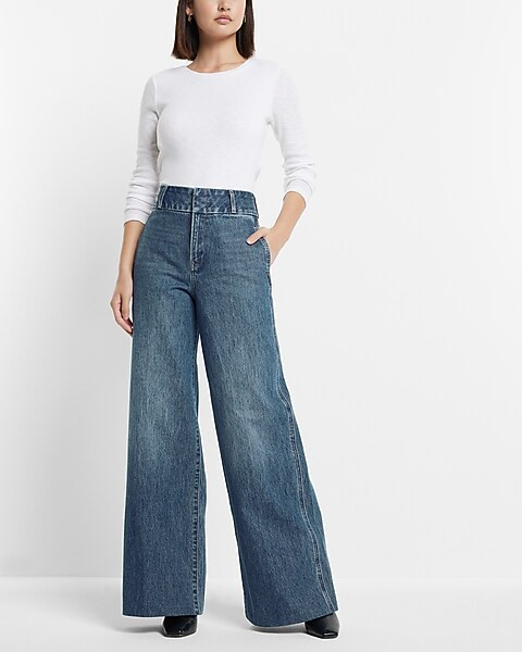 Super High Waisted Medium Wash Baggy Wide Leg Jeans | Express