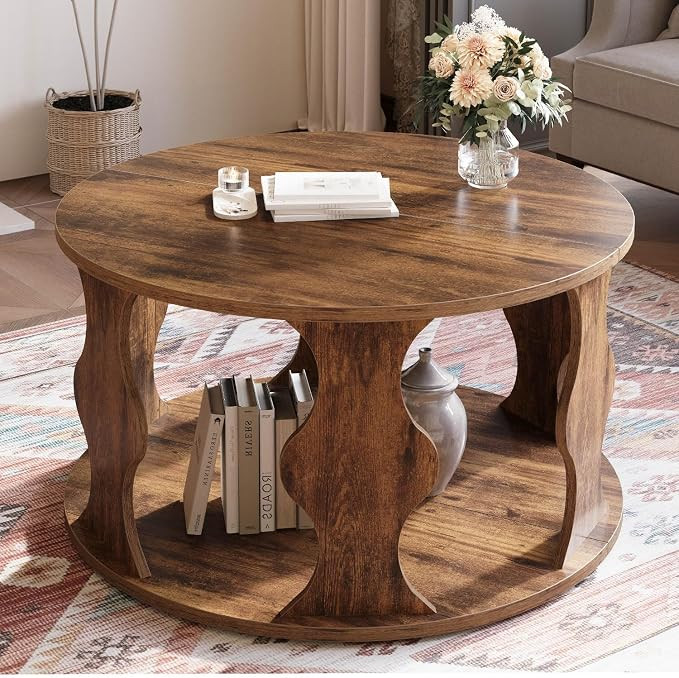 HSH Round Wood Coffee Table, Rustic Brown Circle Center Table with Storage, Farmhouse Wooden Livi... | Amazon (US)