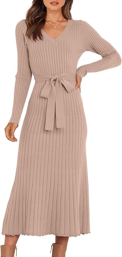 ANRABESS Women's Sweater Dress 2023 Fall Long Sleeve V Neck Tie Waist Slim Fit Elegant Ribbed Kni... | Amazon (US)