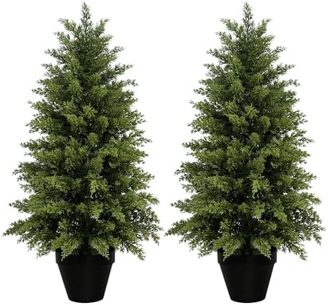 2 Pack 3ft Artificial Cedar Trees for Outdoors (UV Resistant), Potted Faux Cedar Topiary Plants f... | Amazon (US)