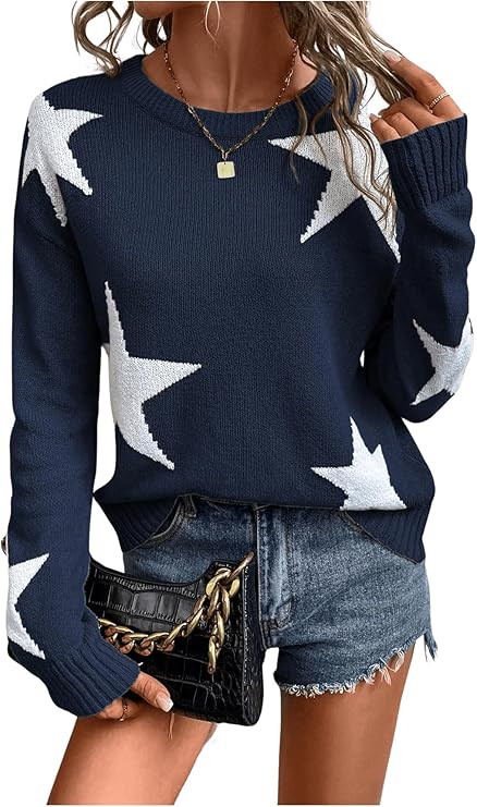 SHENHE Women's Star Pattern Crew Neck Drop Shoulder Casual Sweater Pullover Knitwear | Amazon (US)