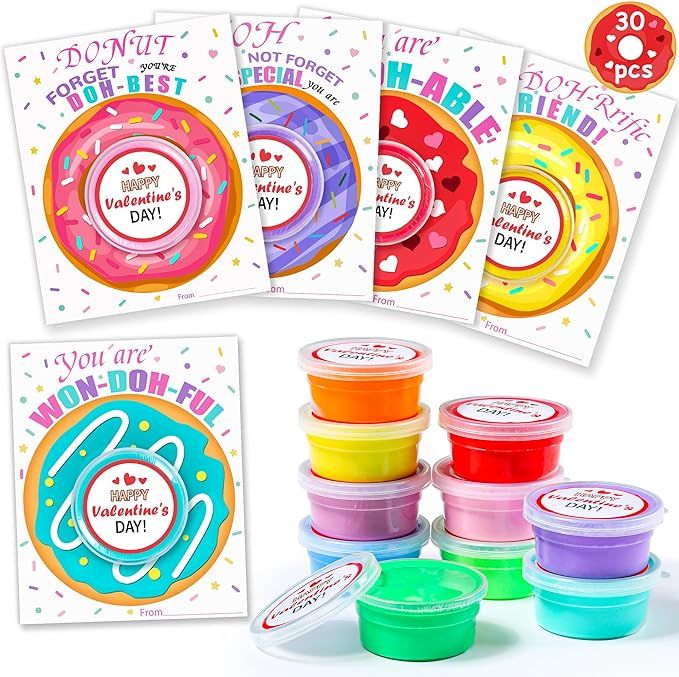 30 Pack Valentines Day Gifts for Kids Classroom - Kids Valentines Day Cards with playdough,Air Dr... | Amazon (US)