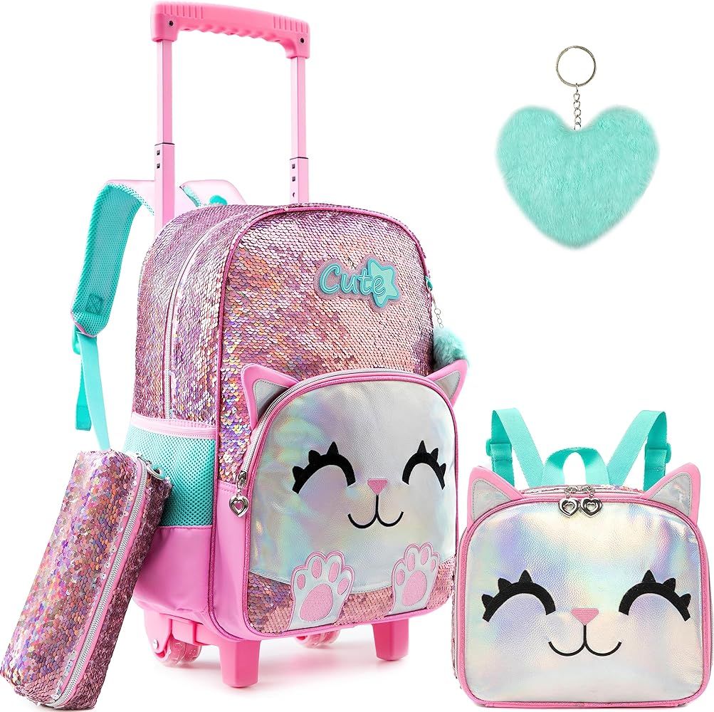 JSMNIAI Girls Rolling Backpack Sequin Rolling Wheels Backpacks for Elementary | Amazon (US)