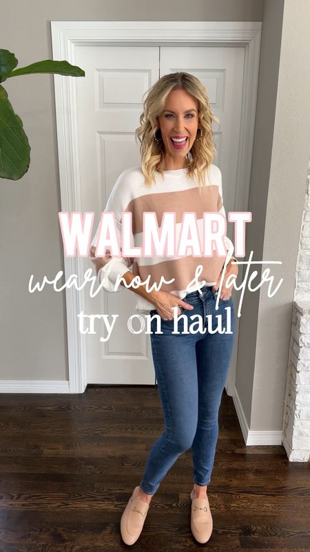 Walmart try on haul! You’ll love these Walmart outfits styled for now and later. Walmart striped sweater worn alone and with Walmart plaid shacket. Walmart graphic tee worn with bike shorts and then styled with these amazing Walmart faux leather leggings and Walmart denim shacket. Walmart midi dress worn alone and with a sweater. Great work dress, fall family photo dress, and more! 

#LTKunder100 #LTKworkwear #LTKunder50