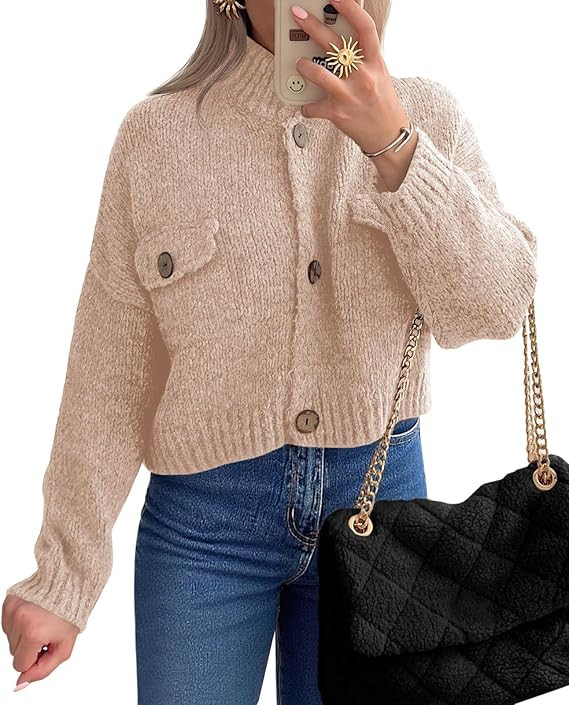 Saodimallsu Womens Cropped Cardigan Sweaters Button Up Chunky Knit Long Sleeve Collared Open Fron... | Amazon (US)