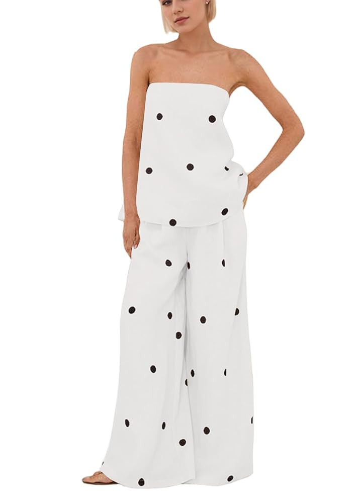 Women 2 Piece Outfits Polka Dot Summer Pants Set Strapless Tube Top High Elastic Waist Wide Leg P... | Amazon (US)
