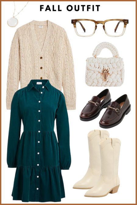 Fall outfit, fall dress, fall sweater, weekend outfit, teacher outfit, back to school outfit, college outfit, university outfit, work outfit, Nashville outfit, country outfit // cableknit cardigan sweater, shirtdress, cowboy boots, leather loafers, mini bag, clutch, purse 

#LTKSeasonal #LTKBacktoSchool #LTKFind