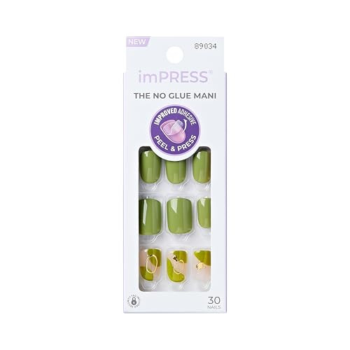 KISS imPRESS No Glue Mani Press On Nails, Design, 'Before Sunrise', Green, Short Size, Squoval Shape, Includes 30 Nails, Prep Pad, Instructions Sheet, 1 Manicure Stick, 1 Mini File | Amazon (US)