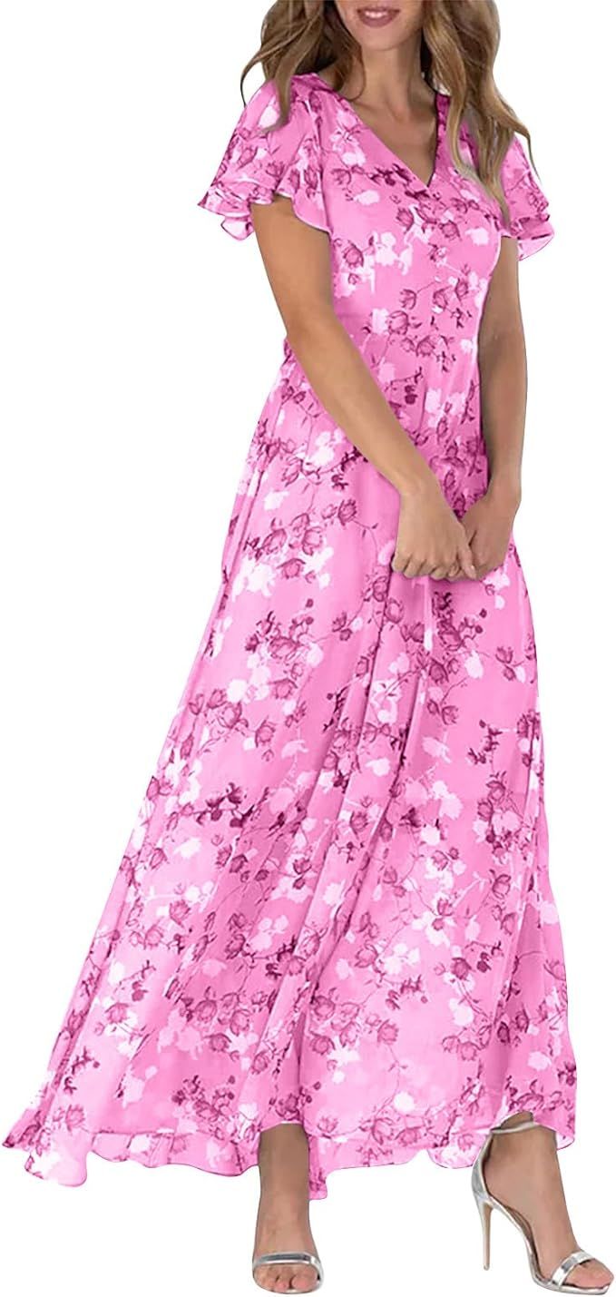 OIUCVGB Boho Dresses for Women 2024 Summer Casual Short Sleeve Floral Printed V Neck Chiffon Flow... | Amazon (US)