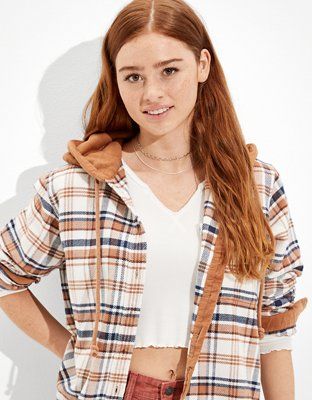 AE Oversized Hooded Flannel Shirt | American Eagle Outfitters (US & CA)