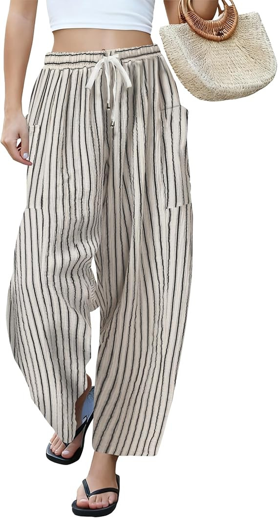 LOMON Womens Wide Leg Linen Pants Casual Drawstring Palazzo Harem Pants Summer Loose Beach Travel... | Amazon (US)