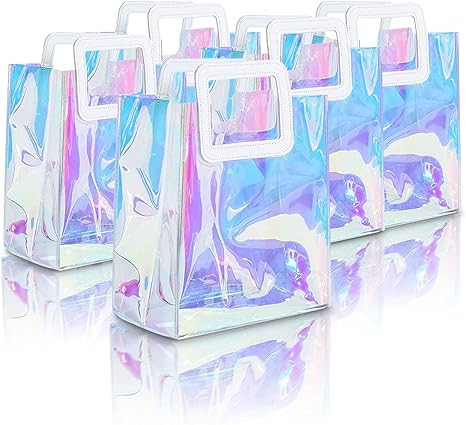 R-LOMU 5pcs Clear Reusable Birthday Gift Bag 8.4 x 7 x 4 Inches Medium Size Iridescent Holographi... | Amazon (US)
