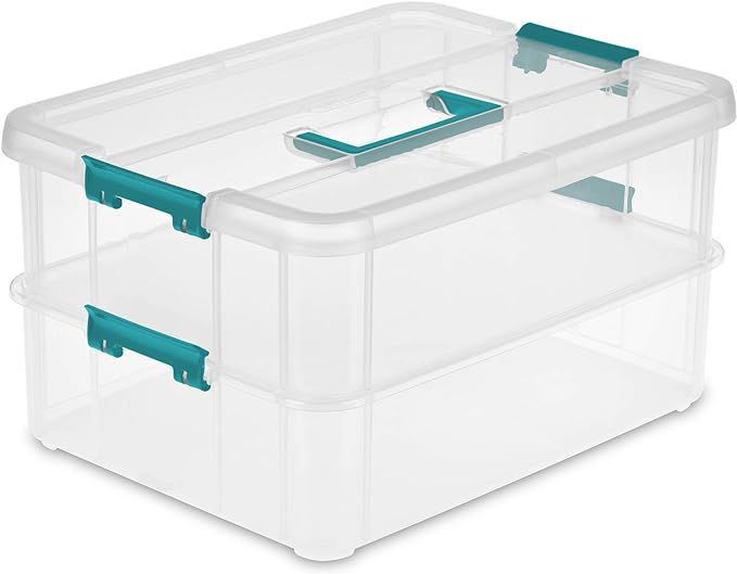 Sterilite 1427CLR Stack & Carry - 2 Layer Box, Clear Lid & Blue Handle, See-through layers | Amazon (US)