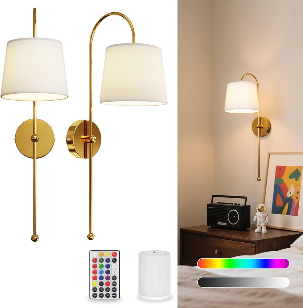Juego de 2 apliques de pared a pilas, apliques inalámbricos recargables para decoración de pare... | Amazon (US)