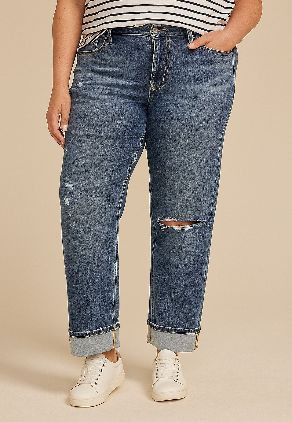 Plus Size edgely™ High Rise Cuffed Hem Relaxed Straight Jean | Maurices