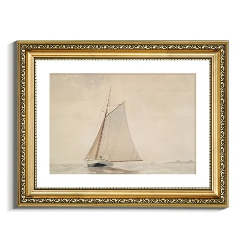 VIYYIEA Gold Framed Wall Art Canvas Print Home Decor for Living Room White Sailboat Seascape Watercolor Vintage Beach Painting on Canvas - Coastal Wall Art Prints for Bedroom Office Bathroom 11x14in | Amazon (US)