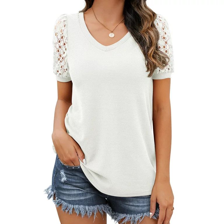 JWD Waffle Knit Lace Short Sleeve Blouses V Neck T Shirts Summer Casual Tops For Women White Smal... | Walmart (US)