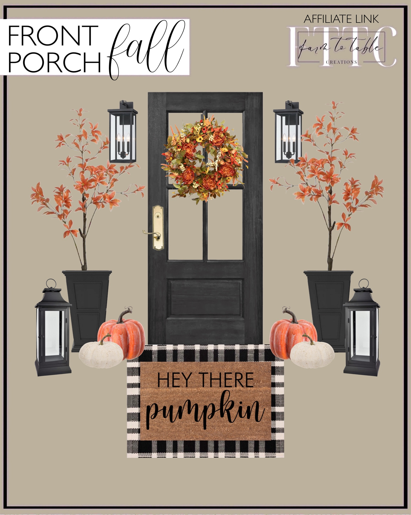 Fall Front Porch. Follow @farmtotablecreations on Instagram for more inspiration.

Black Entry Door. Door hardware. Faux Fall Tree. Tall Planters. Plaid Handwoven Indoor Outdoor Rug. Hey There Pumpkin Doormat. Faux Pumpkins. Outdoor Wall Lights. Porch Lights. Fall Porch Wreath. Porch Lantern. Layering Rug. 

Fall Front Porch. Porch Decor. Fall Decor. Halloween Decor. Halloween Porch Decor. Fall Porch. Wayfair Porch Finds. Wayfair Fall Deal Drop  

#LTKHome #LTKSaleAlert #LTKFindsUnder50