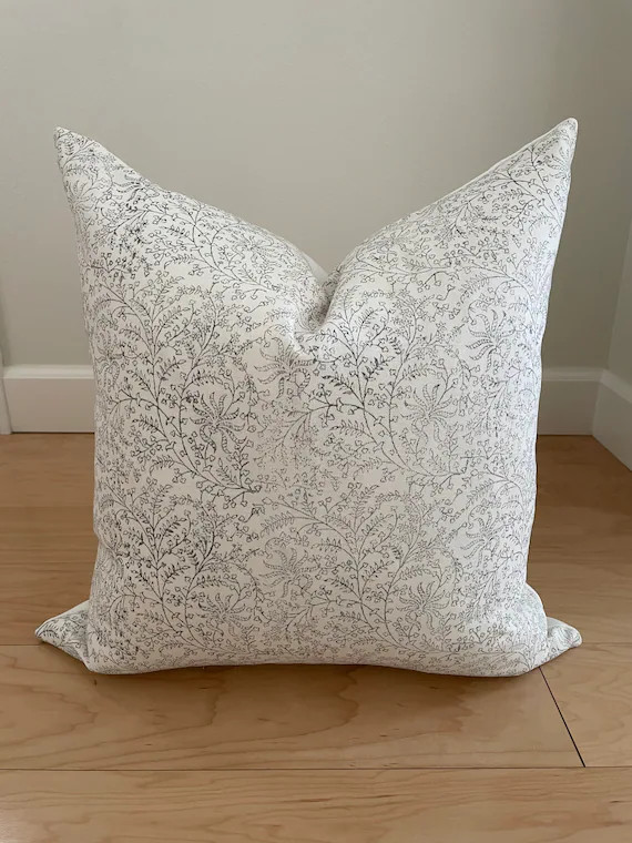 Gray floral Designer hand blocked pillow cover | 20x20 | Etsy (US)